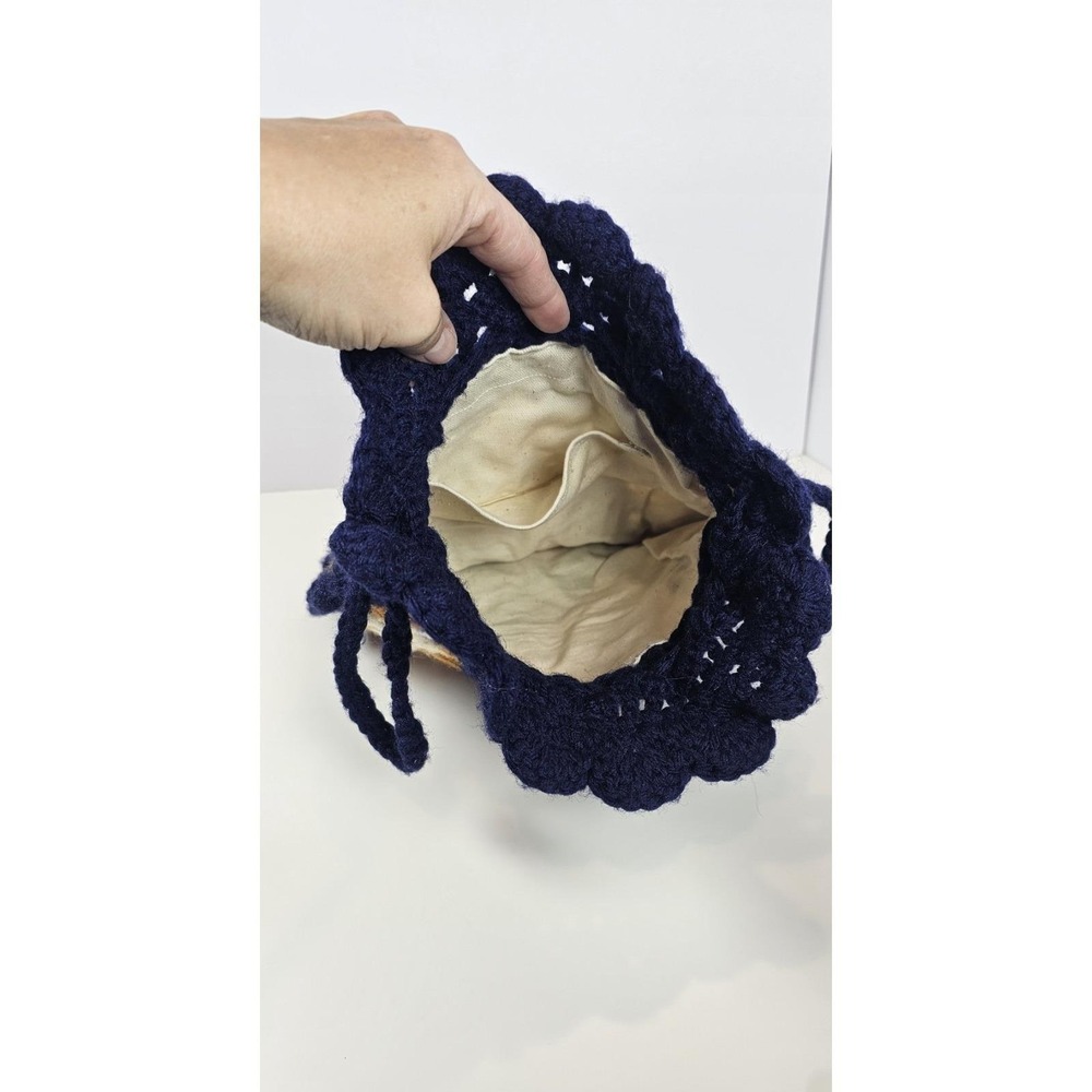 Hand Crocheted Drawstring Bag Granny Square Navy Blue Orange Lined Tote - Picture 3 of 5